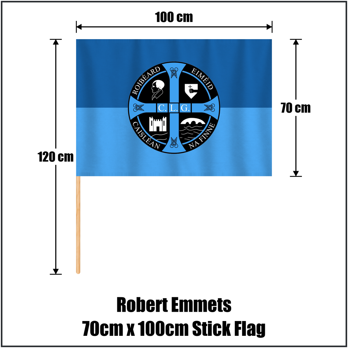 Robert Emmets 70cm x 100cm Stick Flag, featuring the club crest and light blue and dark blue colours; County Donegal GAA. ClubFlags.ie.