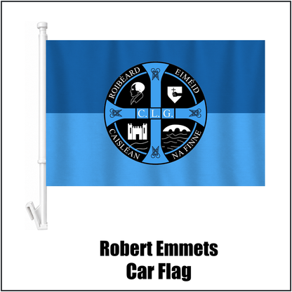 Robert Emmets Car Flag, featuring the club crest and light blue and dark blue colours; County Donegal GAA. ClubFlags.ie.