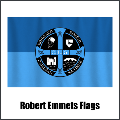 Robert Emmets Flags, featuring the club crest and light blue and dark blue colours; County Donegal GAA. ClubFlags.ie.
