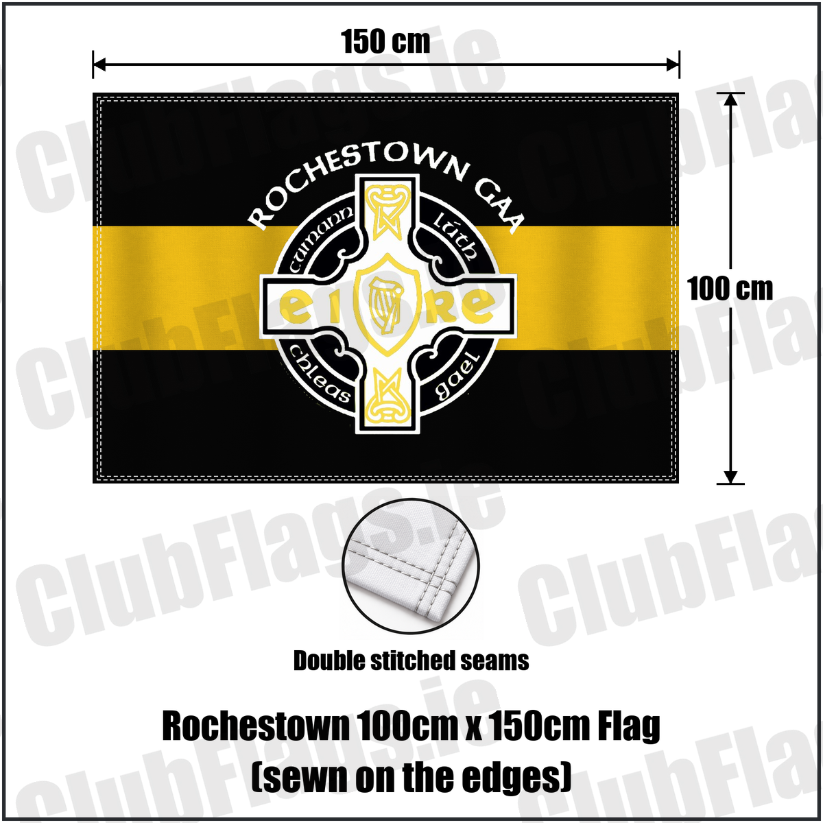 Rochestown 100cm x 150cm Flag (sewn on the edges), featuring the club crest and black and amber colours; County Cork GAA. ClubFlags.ie.