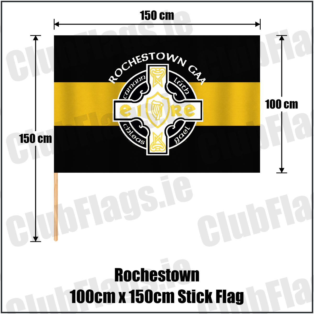 Rochestown 100cm x 150cm Stick Flag, featuring the club crest and black and amber colours; County Cork GAA. ClubFlags.ie.
