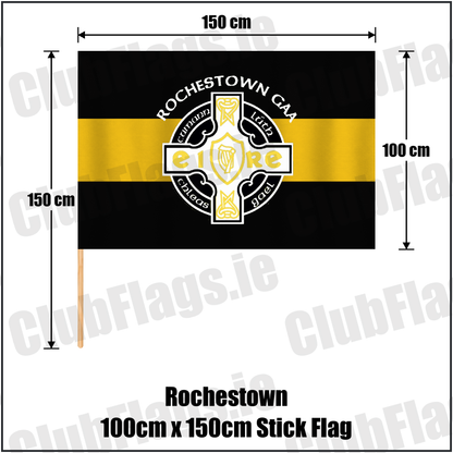 Rochestown 100cm x 150cm Stick Flag, featuring the club crest and black and amber colours; County Cork GAA. ClubFlags.ie.