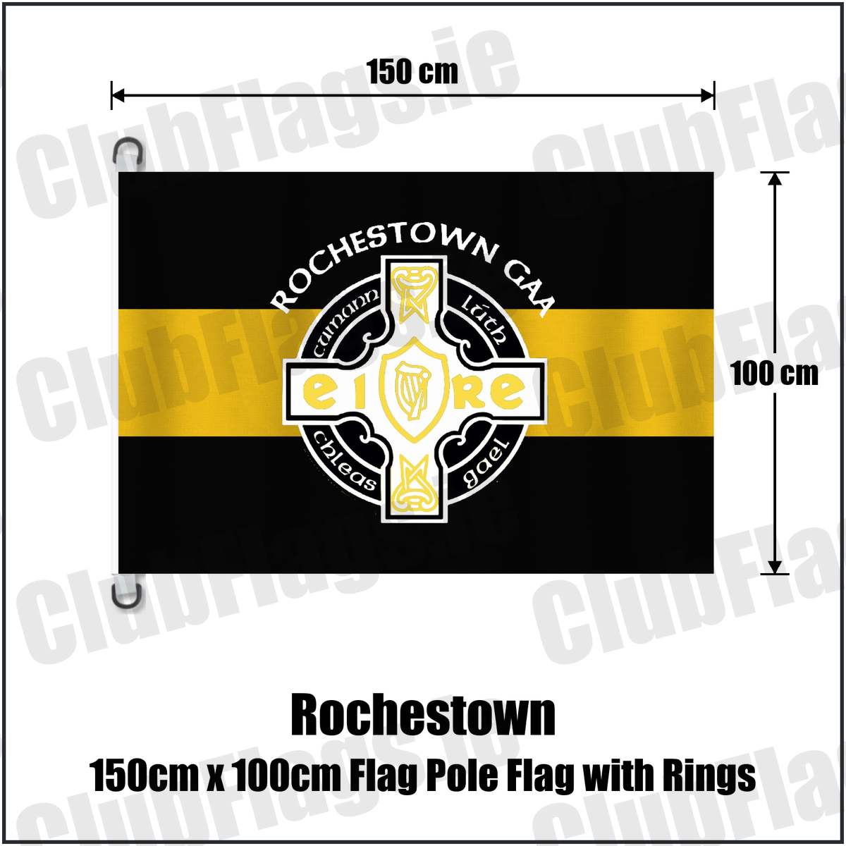 Rochestown 150cm x 100cm Flag Pole Flag with Rings, featuring the club crest and black and amber colours; County Cork GAA. ClubFlags.ie.