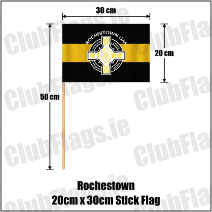 Rochestown 20cm x 30cm Stick Flag, featuring the club crest and black and amber colours; County Cork GAA. ClubFlags.ie.