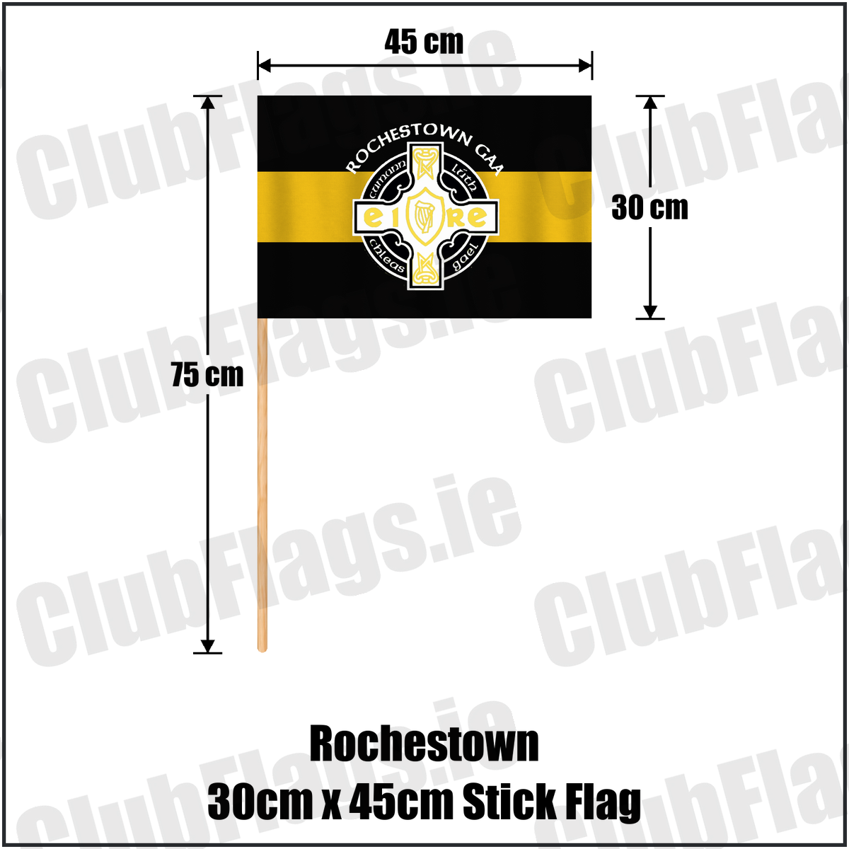 Rochestown 30cm x 45cm Stick Flag, featuring the club crest and black and amber colours; County Cork GAA. ClubFlags.ie.