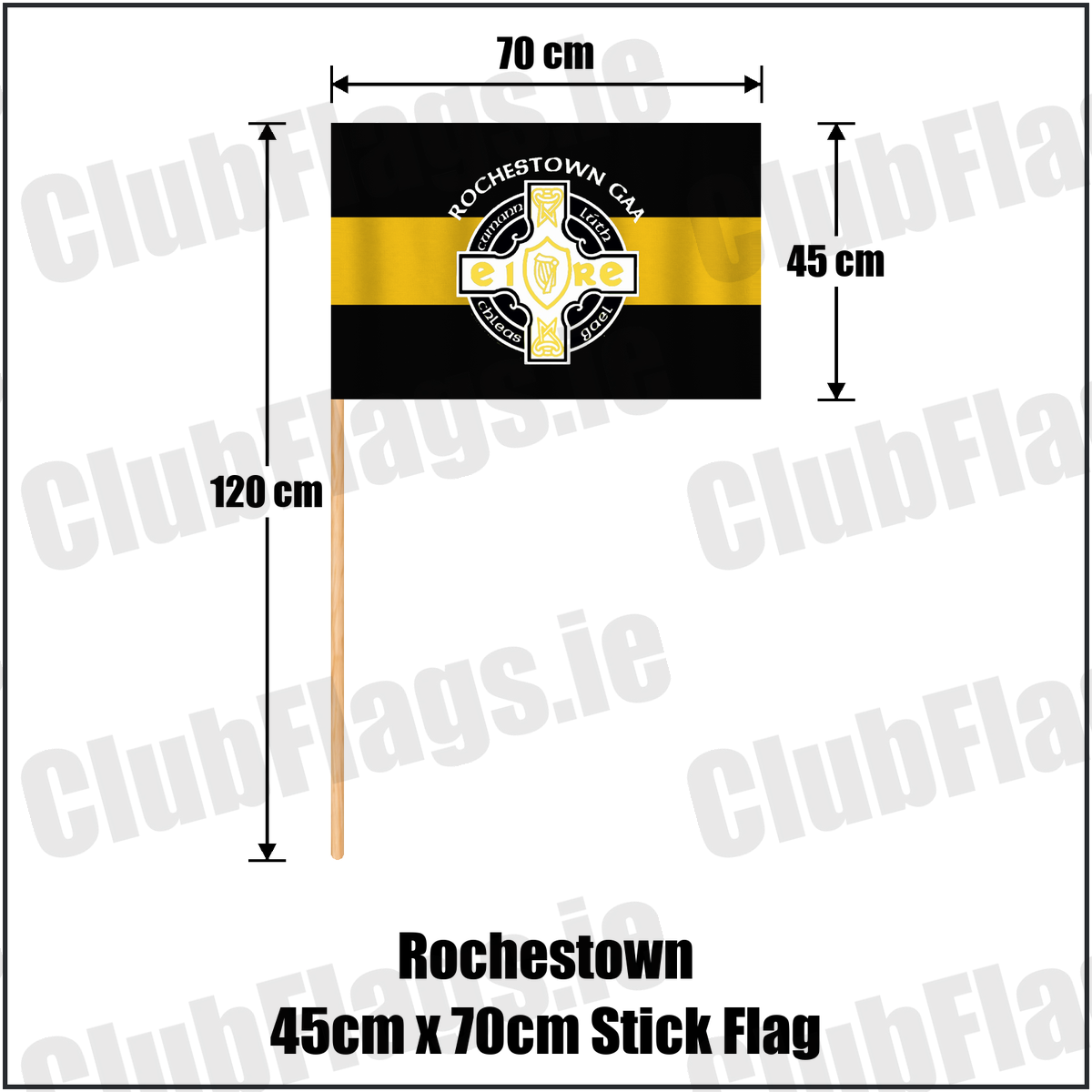 Rochestown 45cm x 70cm Stick Flag, featuring the club crest and black and amber colours; County Cork GAA. ClubFlags.ie.