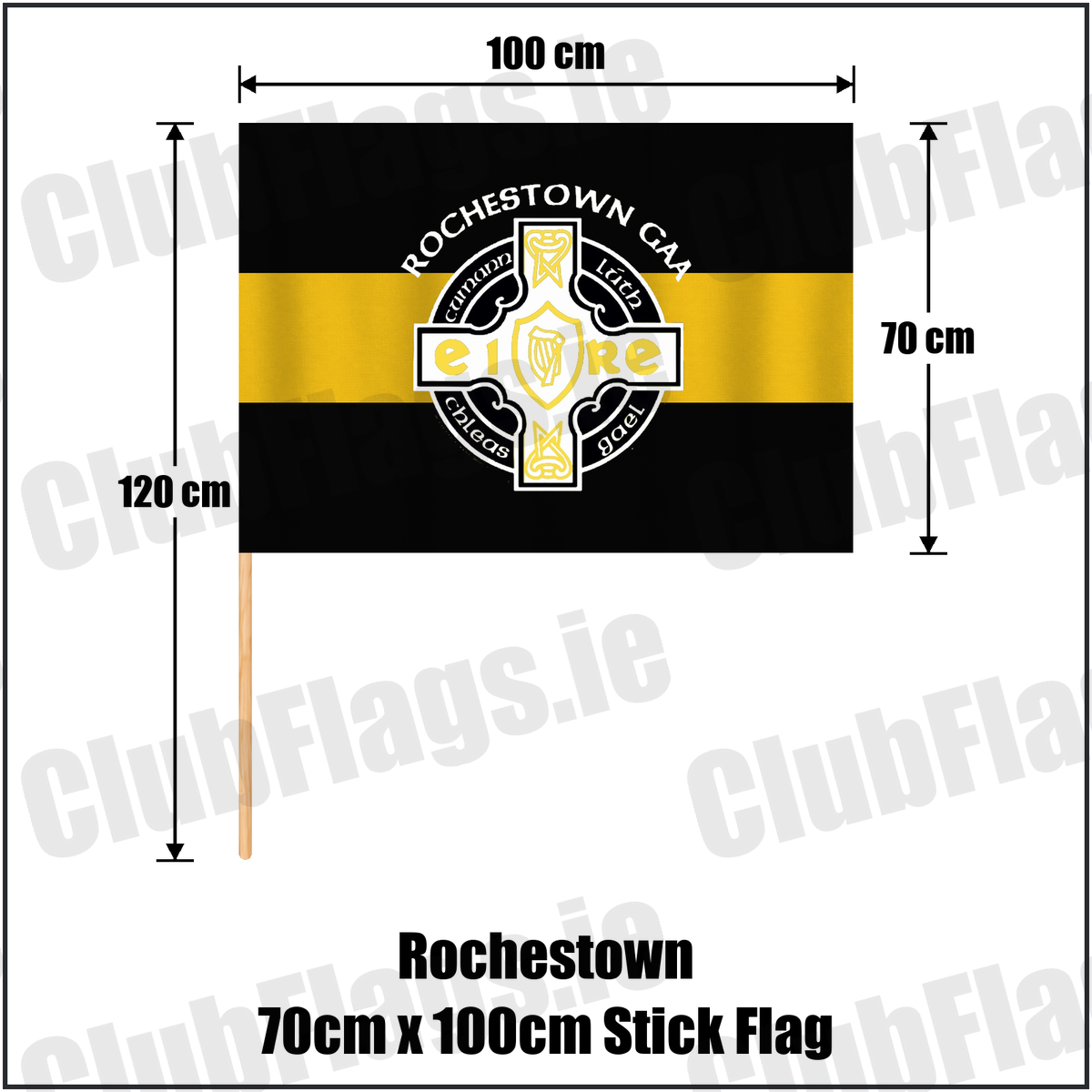 Rochestown 70cm x 100cm Stick Flag, featuring the club crest and black and amber colours; County Cork GAA. ClubFlags.ie.