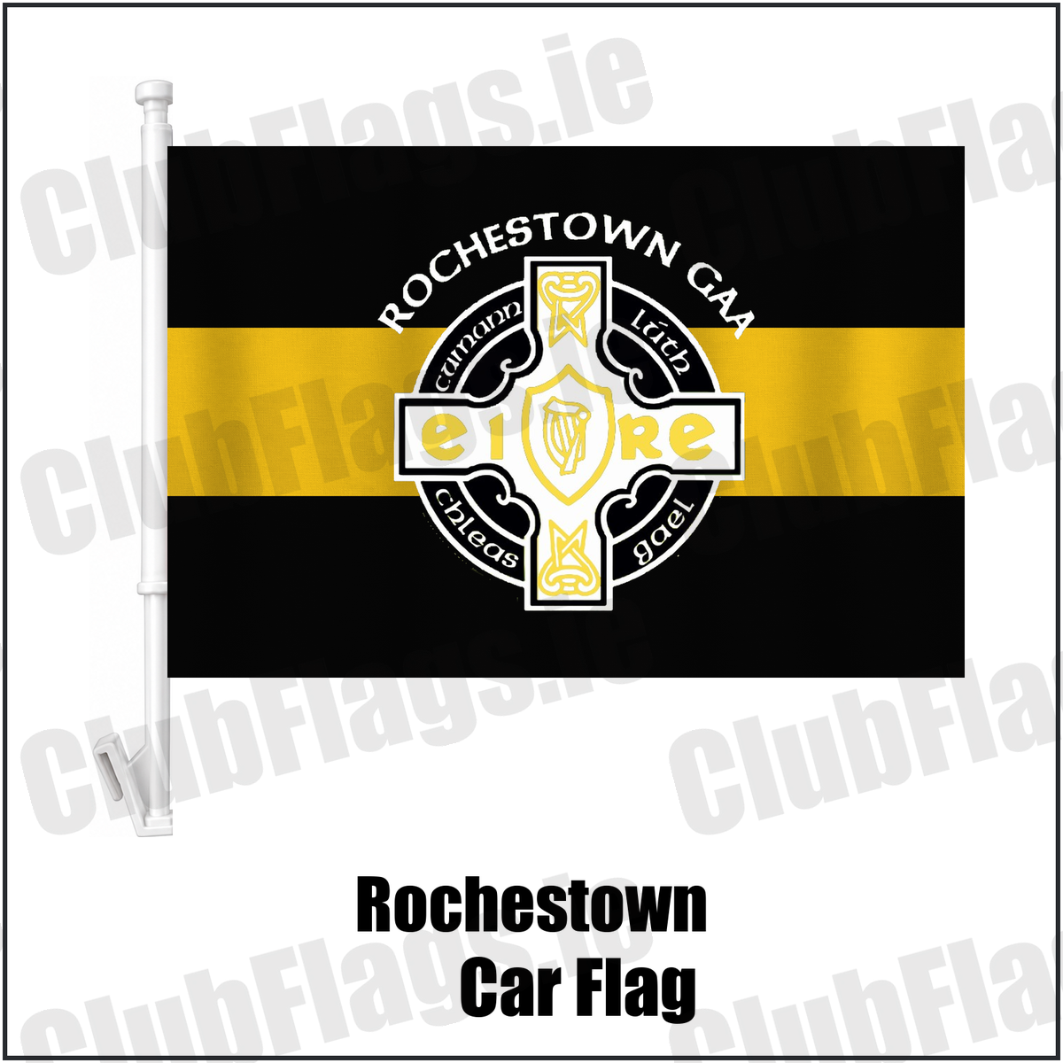 Rochestown Car Flag, featuring the club crest and black and amber colours; County Cork GAA. ClubFlags.ie.