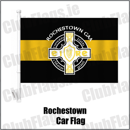 Rochestown Car Flag, featuring the club crest and black and amber colours; County Cork GAA. ClubFlags.ie.
