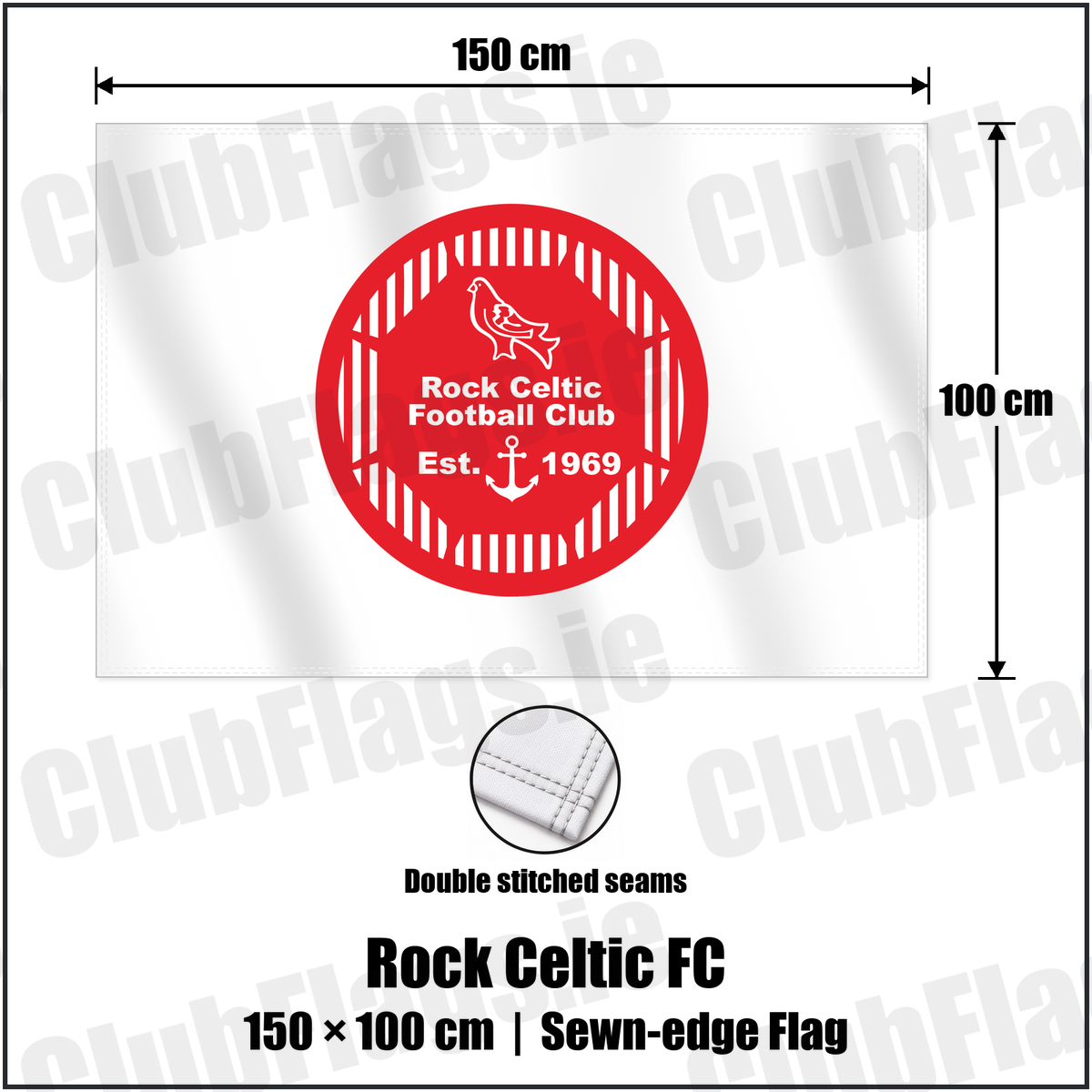 Rock Celtic FC 100cm x 150cm Flag (sewn on the edges) with the club crest and colours, Louth Football - ClubFlags.ie
