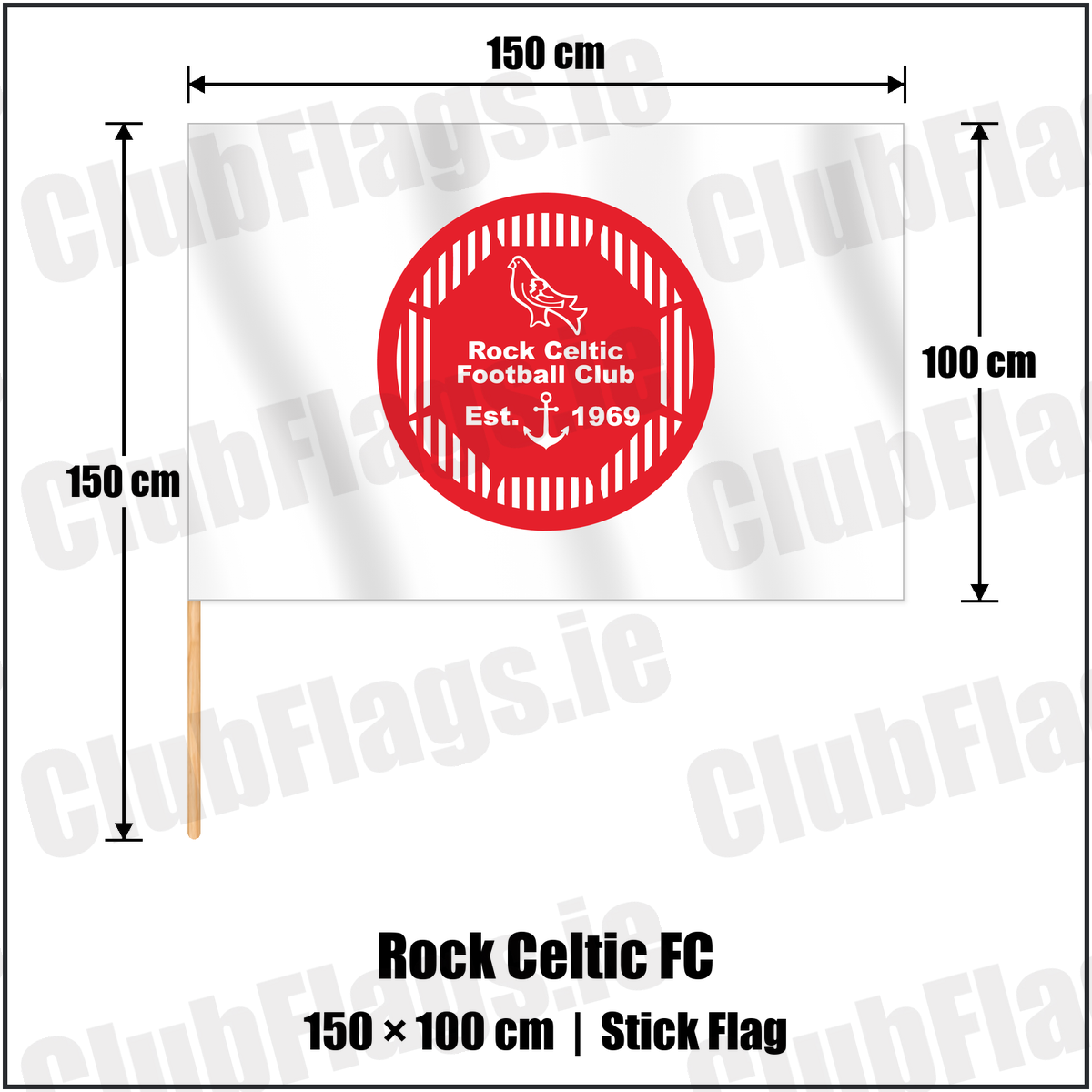 Rock Celtic FC 100cm x 150cm Stick Flag with the club crest and colours, Louth Football - ClubFlags.ie