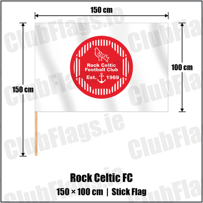 Rock Celtic FC 100cm x 150cm Stick Flag with the club crest and colours, Louth Football - ClubFlags.ie