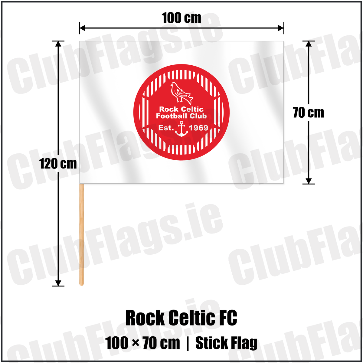 Rock Celtic FC 70cm x 100cm Stick Flag with the club crest and colours, Louth Football - ClubFlags.ie