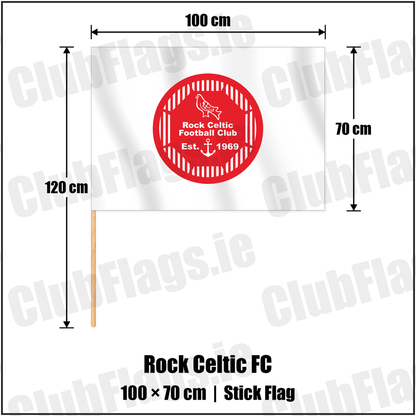 Rock Celtic FC 70cm x 100cm Stick Flag with the club crest and colours, Louth Football - ClubFlags.ie