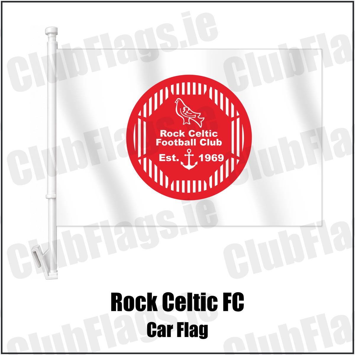 Rock Celtic FC Car Flag with the club crest and colours, Louth Football - ClubFlags.ie