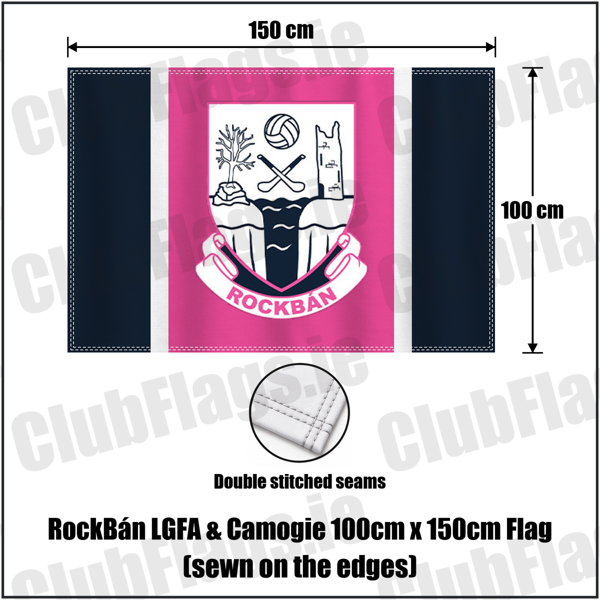 RockBán LGFA & Camogie 100cm x 150cm Flag (sewn on the edges), featuring the club crest and navy and pink and white colours; County Cork ladies Gaelic football and camogie. ClubFlags.ie.