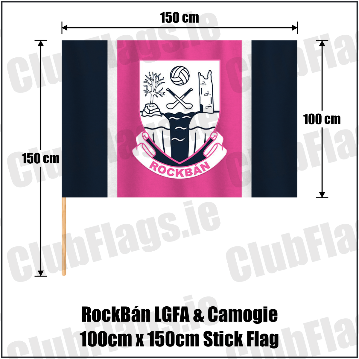 RockBán LGFA & Camogie 100cm x 150cm Stick Flag, featuring the club crest and navy and pink and white colours; County Cork ladies Gaelic football and camogie. ClubFlags.ie.