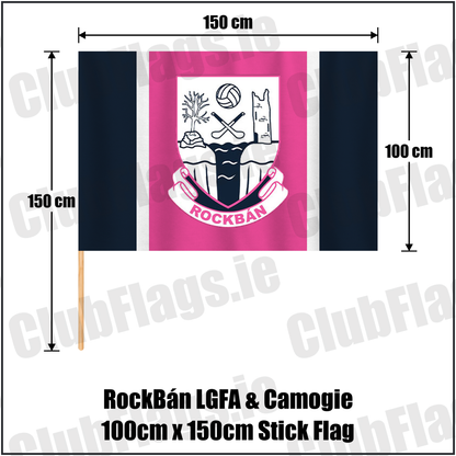 RockBán LGFA & Camogie 100cm x 150cm Stick Flag, featuring the club crest and navy and pink and white colours; County Cork ladies Gaelic football and camogie. ClubFlags.ie.