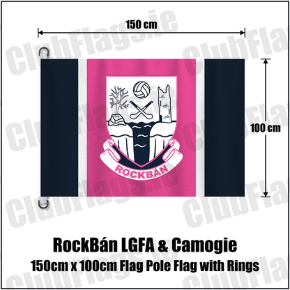 RockBán LGFA & Camogie 150cm x 100cm Flag Pole Flag with Rings, featuring the club crest and navy and pink and white colours; County Cork ladies Gaelic football and camogie. ClubFlags.ie.