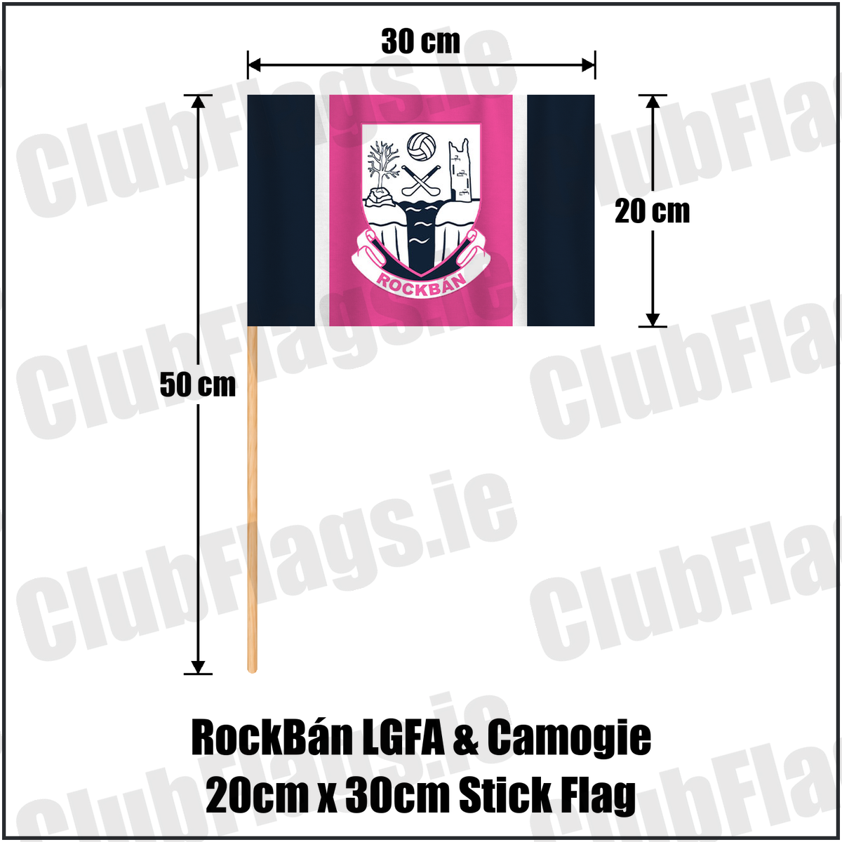 RockBán LGFA & Camogie 20cm x 30cm Stick Flag, featuring the club crest and navy and pink and white colours; County Cork ladies Gaelic football and camogie. ClubFlags.ie.