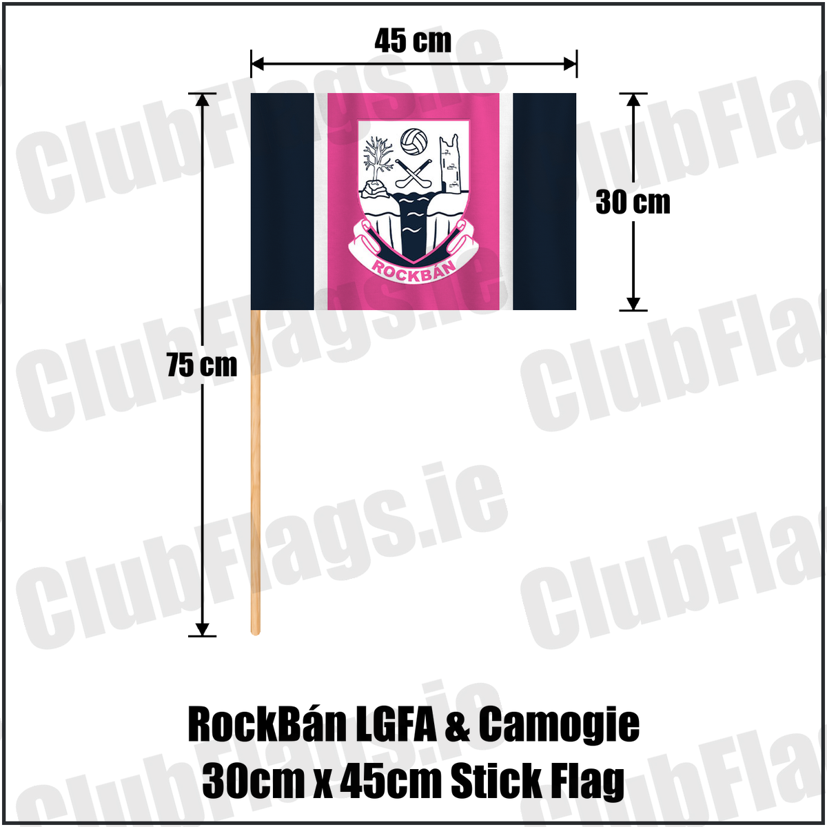 RockBán LGFA & Camogie 30cm x 45cm Stick Flag, featuring the club crest and navy and pink and white colours; County Cork ladies Gaelic football and camogie. ClubFlags.ie.