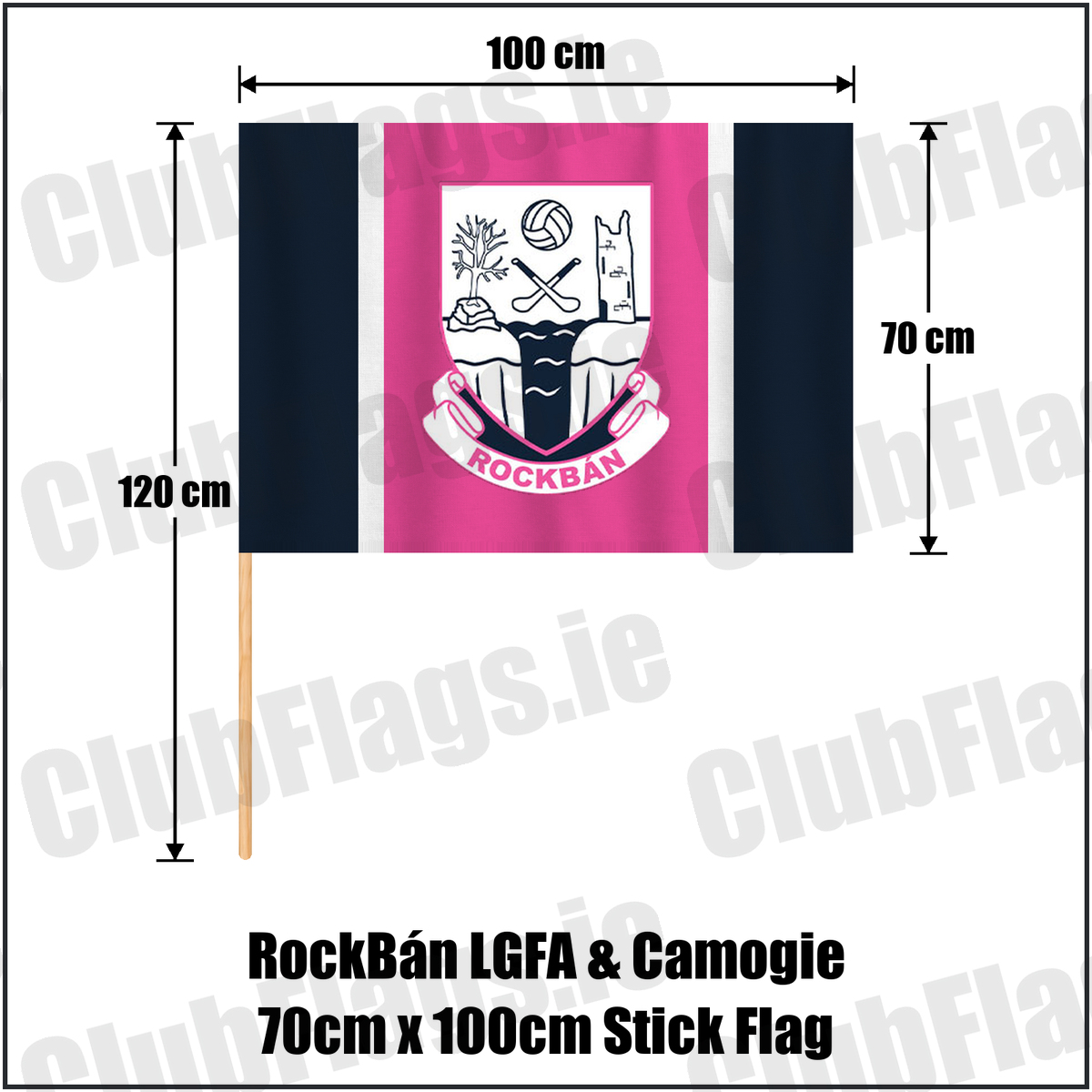 RockBán LGFA & Camogie 70cm x 100cm Stick Flag, featuring the club crest and navy and pink and white colours; County Cork ladies Gaelic football and camogie. ClubFlags.ie.