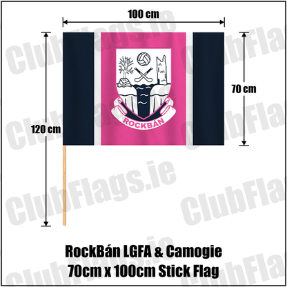 RockBán LGFA & Camogie 70cm x 100cm Stick Flag, featuring the club crest and navy and pink and white colours; County Cork ladies Gaelic football and camogie. ClubFlags.ie.