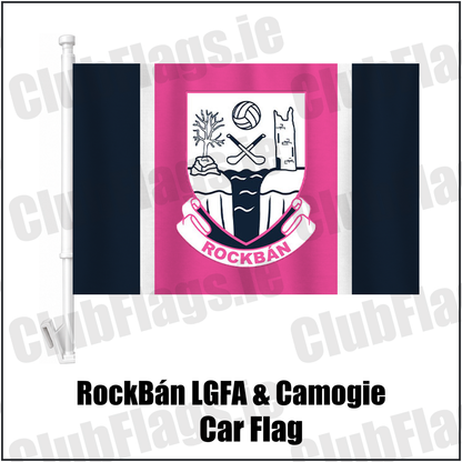 RockBán LGFA & Camogie Car Flag, featuring the club crest and navy and pink and white colours; County Cork ladies Gaelic football and camogie. ClubFlags.ie.