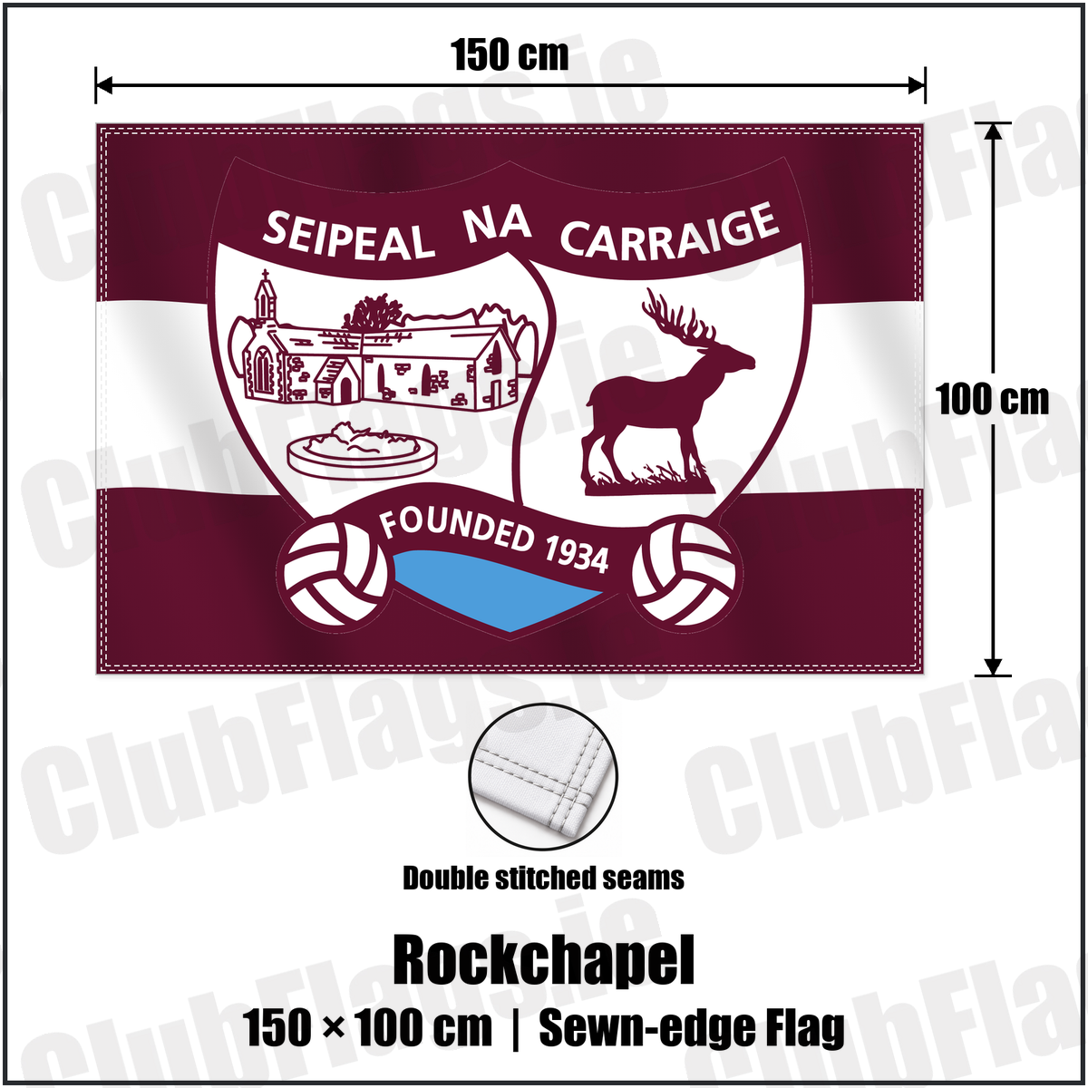 Rockchapel 100cm x 150cm Flag (sewn on the edges) with the verified club crest and colours, Cork GAA - ClubFlags.ie