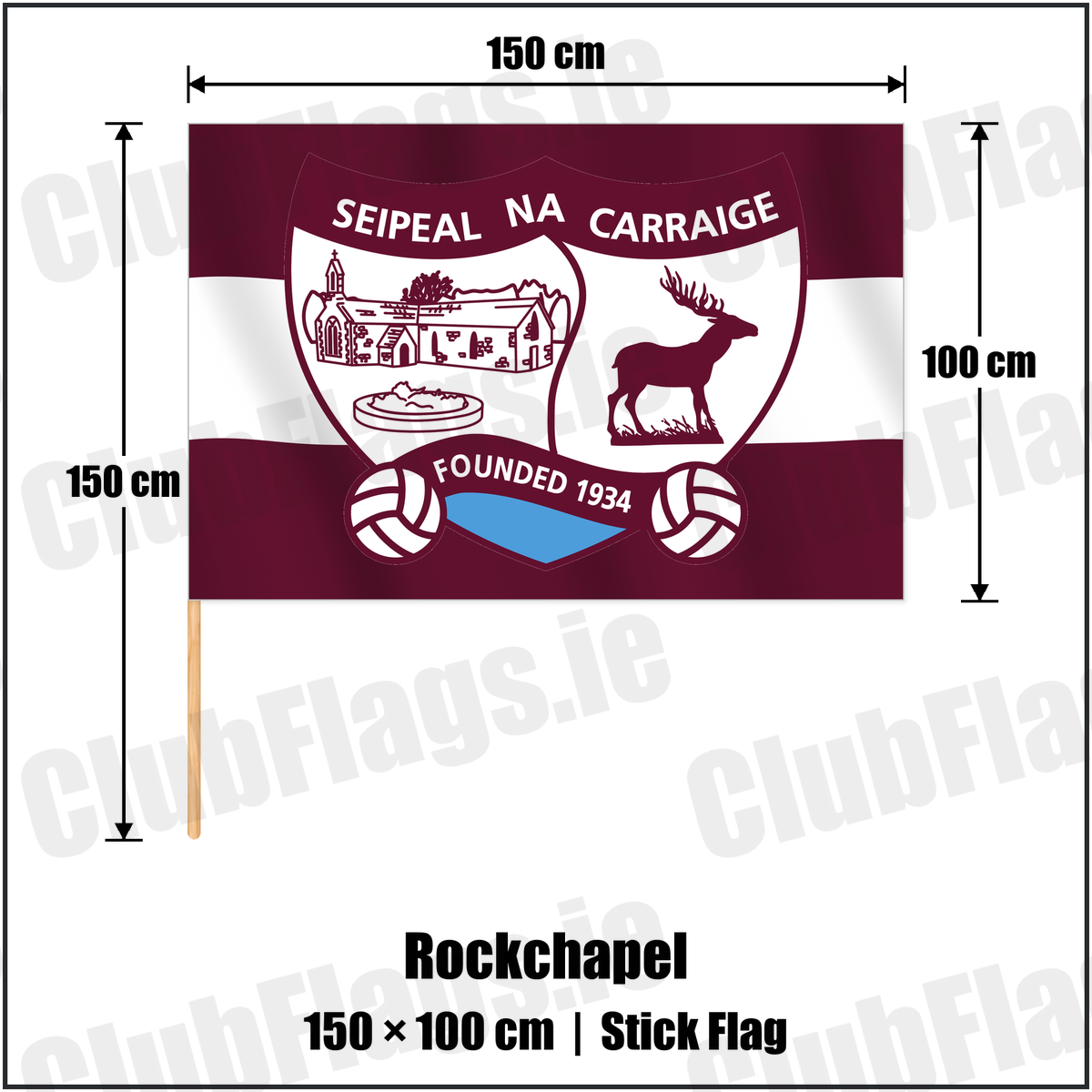 Rockchapel 100cm x 150cm Stick Flag with the verified club crest and colours, Cork GAA - ClubFlags.ie