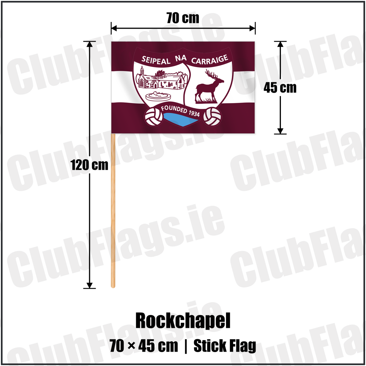 Rockchapel 45cm x 70cm Stick Flag with the verified club crest and colours, Cork GAA - ClubFlags.ie