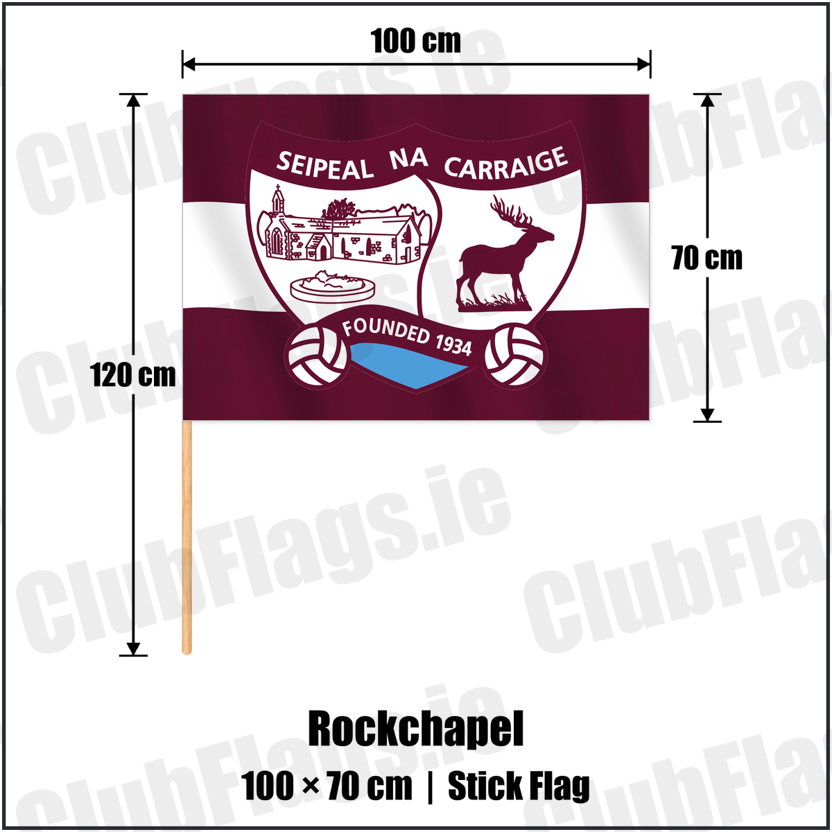 Rockchapel 70cm x 100cm Stick Flag with the verified club crest and colours, Cork GAA - ClubFlags.ie