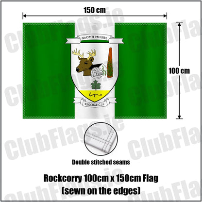 Rockcorry 100cm x 150cm Flag (sewn on the edges) in green and white, featuring the club crest on realistic fabric with gentle vertical folds; County Monaghan GAA. ClubFlags.ie.