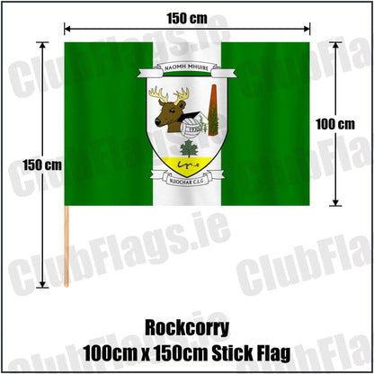 Rockcorry 100cm x 150cm Stick Flag in green and white, featuring the club crest on realistic fabric with gentle vertical folds; County Monaghan GAA. ClubFlags.ie.