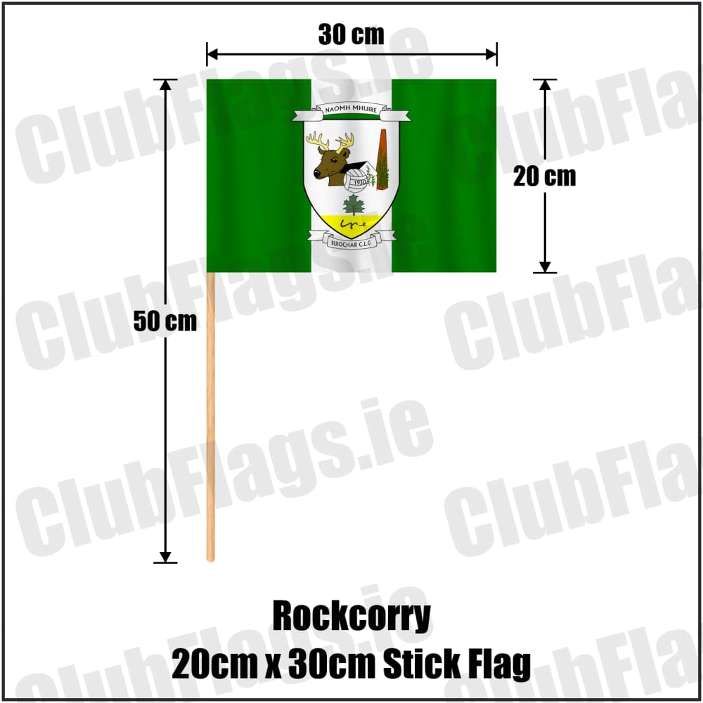 Rockcorry 20cm x 30cm Stick Flag in green and white, featuring the club crest on realistic fabric with gentle vertical folds; County Monaghan GAA. ClubFlags.ie.