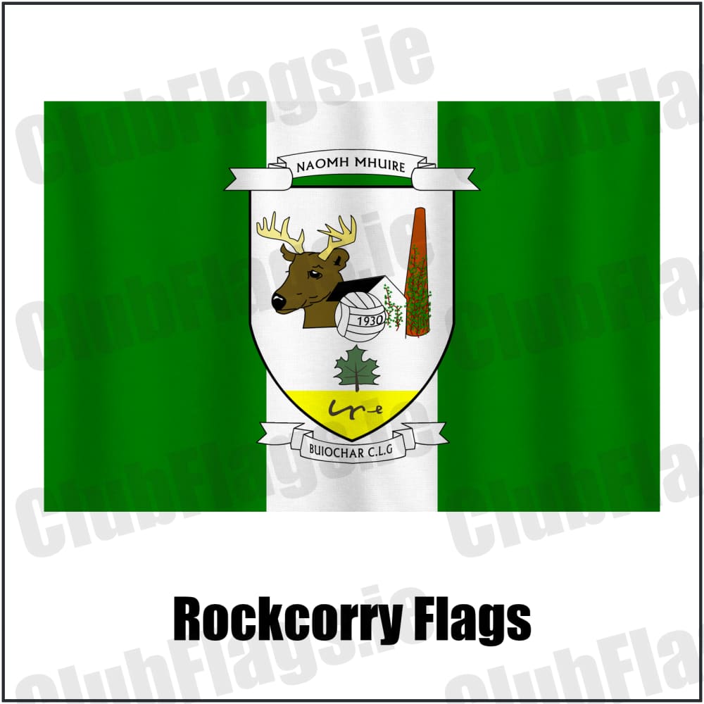 Rockcorry Flags in green and white, featuring the club crest on realistic fabric with gentle vertical folds; County Monaghan GAA. ClubFlags.ie.