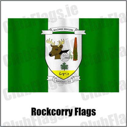 Rockcorry Flags in green and white, featuring the club crest on realistic fabric with gentle vertical folds; County Monaghan GAA. ClubFlags.ie.