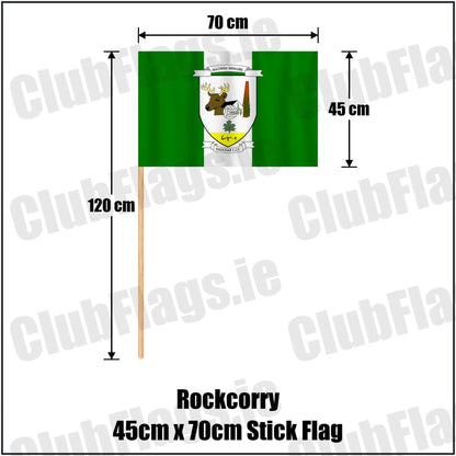 Rockcorry 45cm x 70cm Stick Flag in green and white, featuring the club crest on realistic fabric with gentle vertical folds; County Monaghan GAA. ClubFlags.ie.
