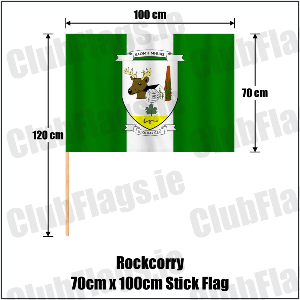 Rockcorry 70cm x 100cm Stick Flag in green and white, featuring the club crest on realistic fabric with gentle vertical folds; County Monaghan GAA. ClubFlags.ie.