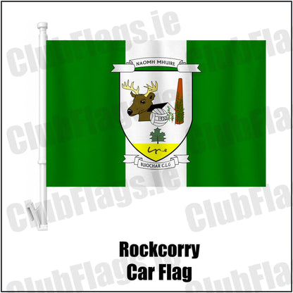Rockcorry Car Flag in green and white, featuring the club crest on realistic fabric with gentle vertical folds; County Monaghan GAA. ClubFlags.ie.