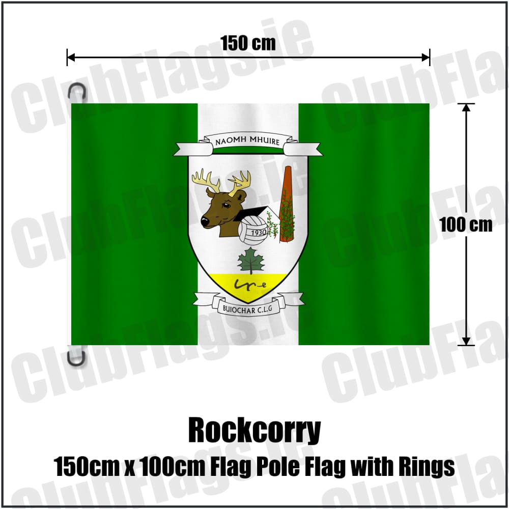 Rockcorry 150cm x 100cm Flag Pole Flag with Rings in green and white, featuring the club crest on realistic fabric with gentle vertical folds; County Monaghan GAA. ClubFlags.ie.