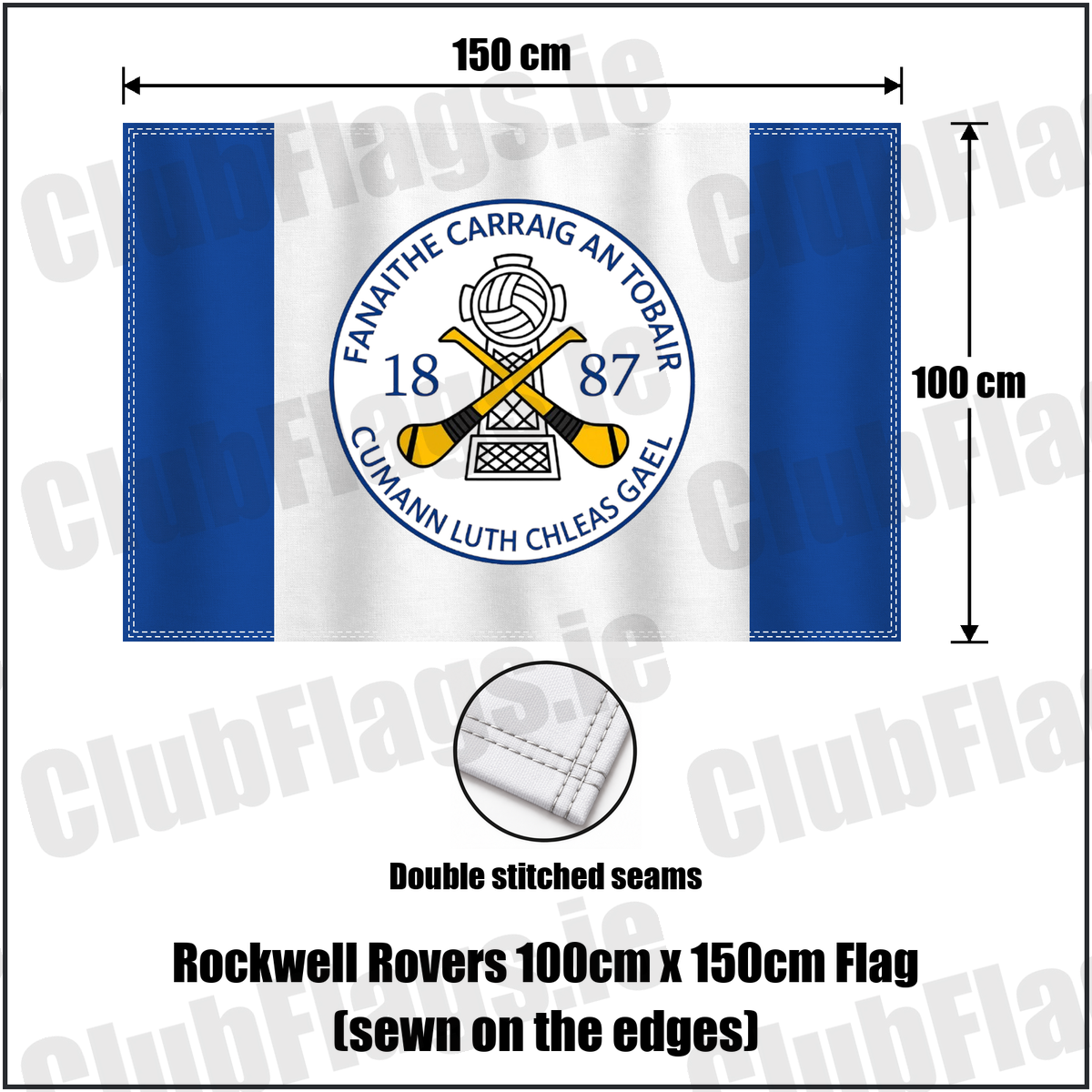 Rockwell Rovers 100cm x 150cm Flag (sewn on the edges), featuring the club crest and blue and white colours; County Tipperary GAA. ClubFlags.ie.