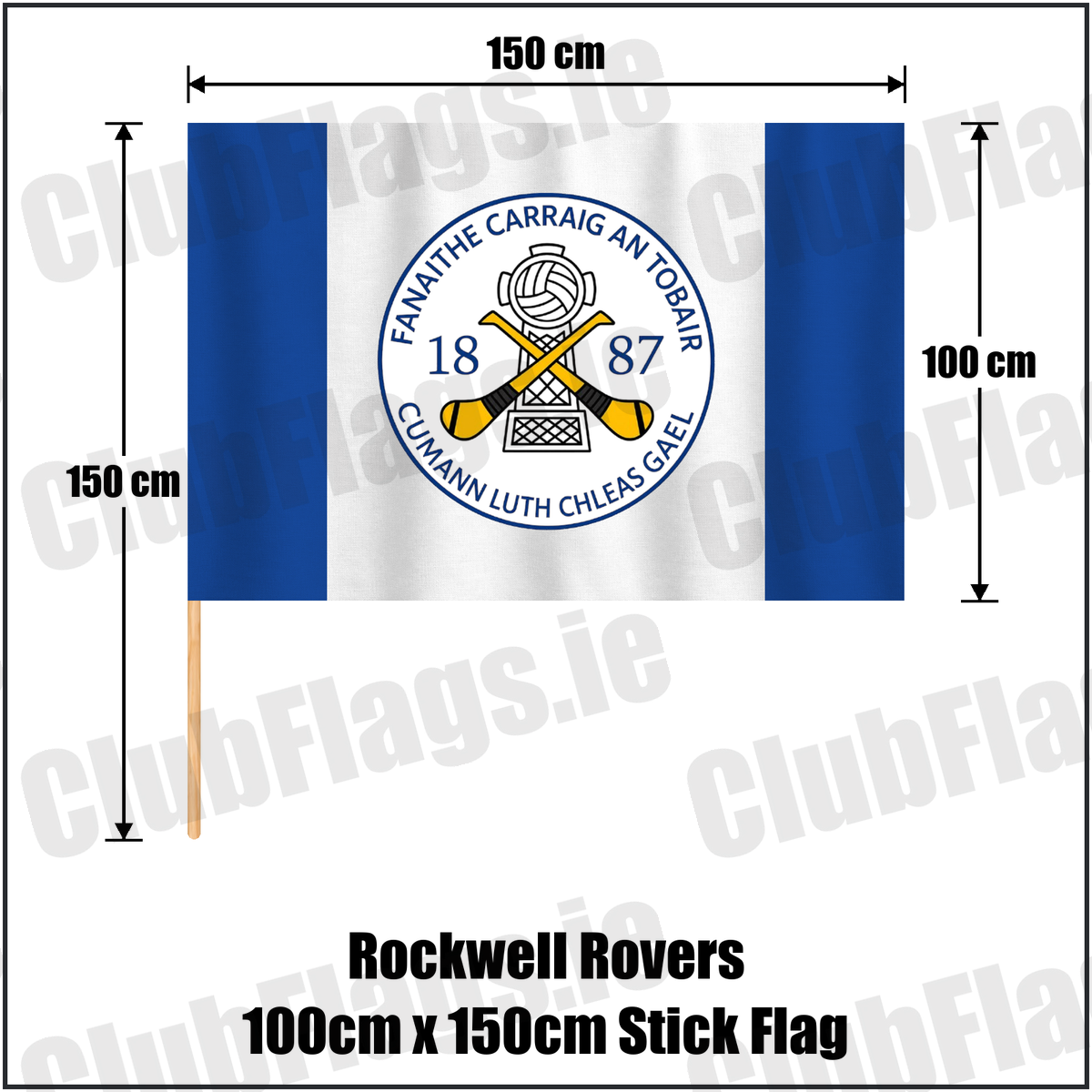 Rockwell Rovers 100cm x 150cm Stick Flag, featuring the club crest and blue and white colours; County Tipperary GAA. ClubFlags.ie.