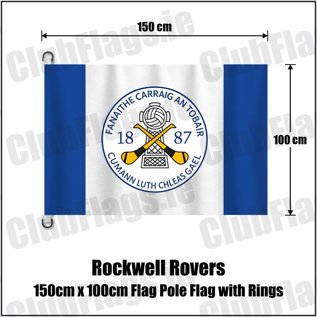 Rockwell Rovers 150cm x 100cm Flag Pole Flag with Rings, featuring the club crest and blue and white colours; County Tipperary GAA. ClubFlags.ie.
