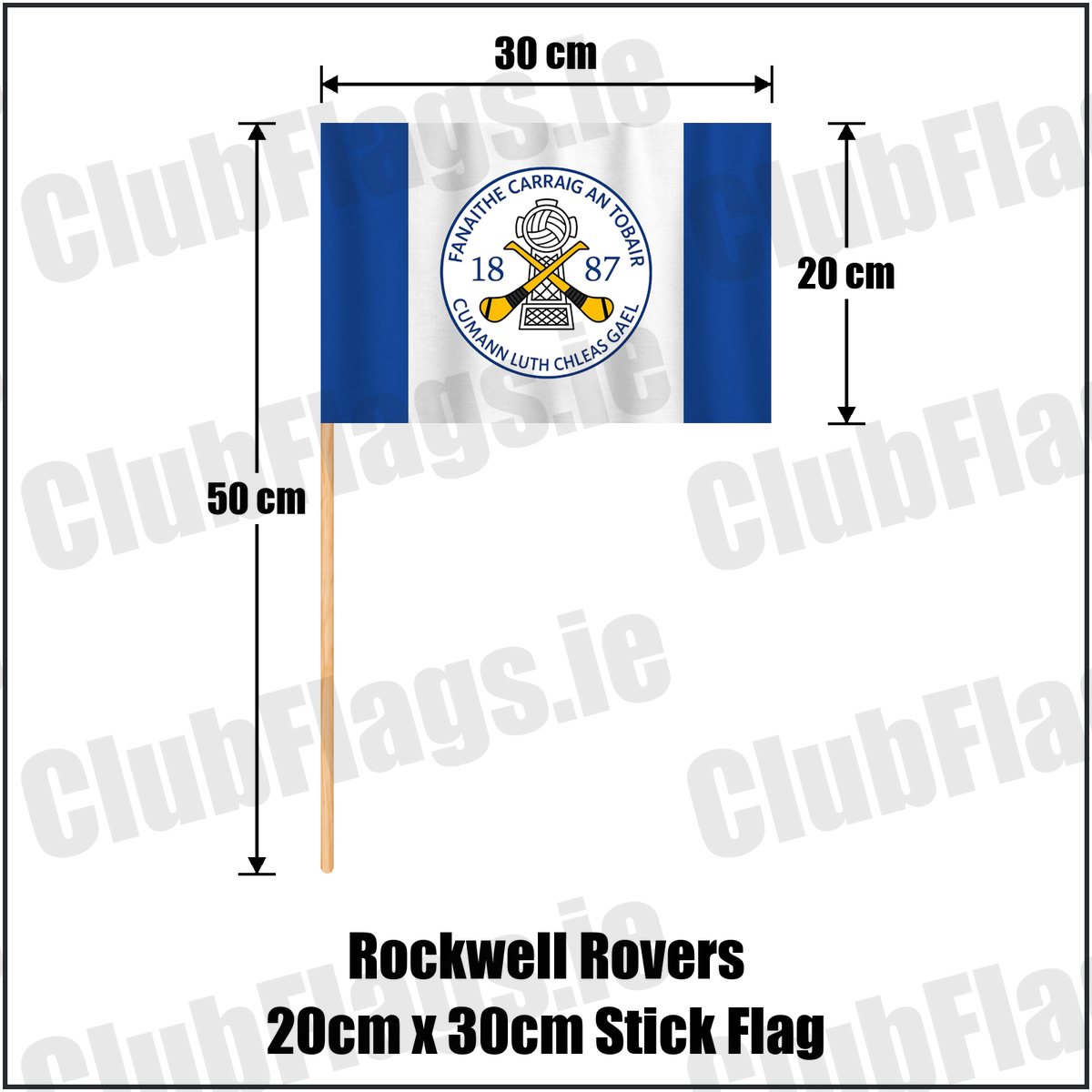 Rockwell Rovers 20cm x 30cm Stick Flag, featuring the club crest and blue and white colours; County Tipperary GAA. ClubFlags.ie.