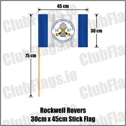 Rockwell Rovers 30cm x 45cm Stick Flag, featuring the club crest and blue and white colours; County Tipperary GAA. ClubFlags.ie.