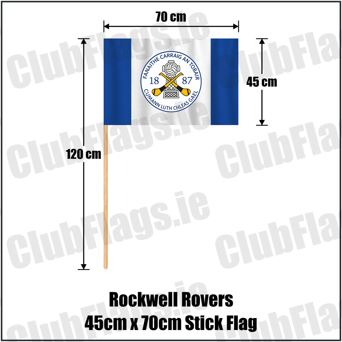 Rockwell Rovers 45cm x 70cm Stick Flag, featuring the club crest and blue and white colours; County Tipperary GAA. ClubFlags.ie.