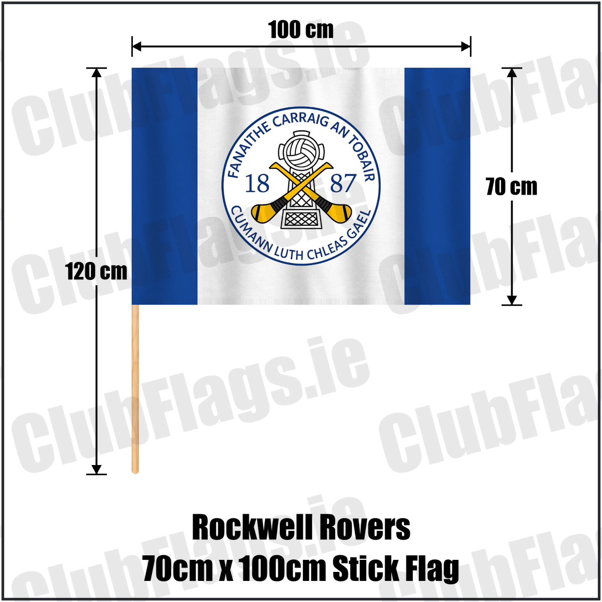 Rockwell Rovers 70cm x 100cm Stick Flag, featuring the club crest and blue and white colours; County Tipperary GAA. ClubFlags.ie.