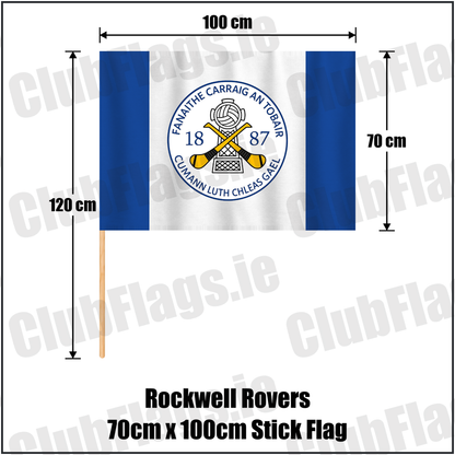 Rockwell Rovers 70cm x 100cm Stick Flag, featuring the club crest and blue and white colours; County Tipperary GAA. ClubFlags.ie.