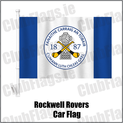 Rockwell Rovers Car Flag, featuring the club crest and blue and white colours; County Tipperary GAA. ClubFlags.ie.